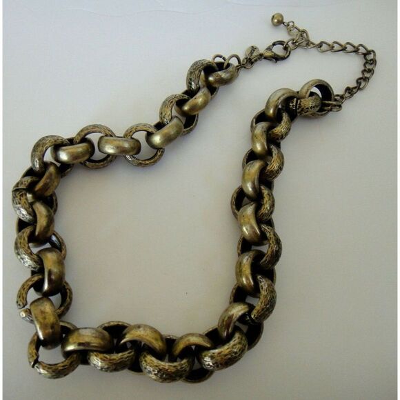Chico's Large Chain Link Necklace Brushed Gold Tone Logo Tag 21" Smooth & Etched - Picture 3 of 5